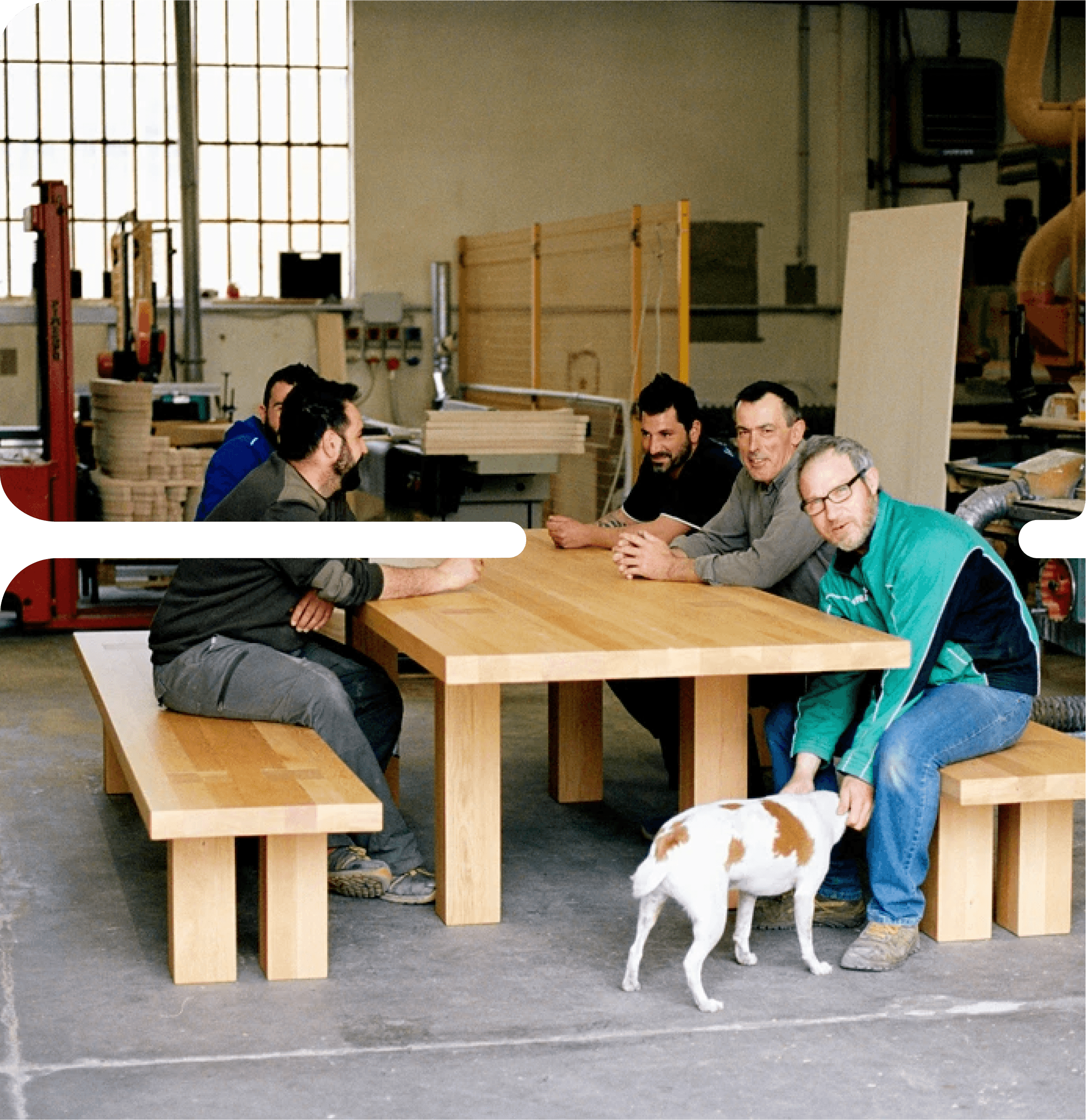 The craftspeople in the Italian family factory, where the Max Table and Bench is painstakingly crafted to perfection